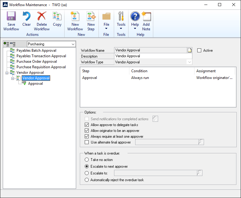 Microsoft Dynamics GP > Tools > Setup > Company > Workflow > Workflow Maintenance